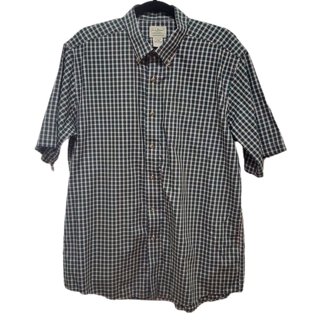 LL Bean Window Pain Plaid Button Down SS Shirt Red White Green Men's Size Large